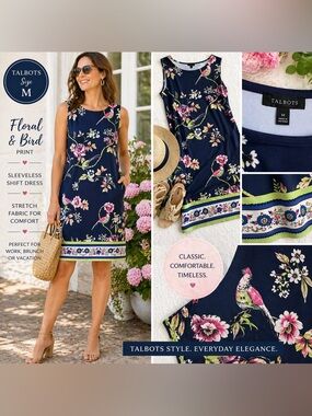 Talbots Women’s Navy Floral Bird Print Sleeveless Shift Dress Medium Stretch